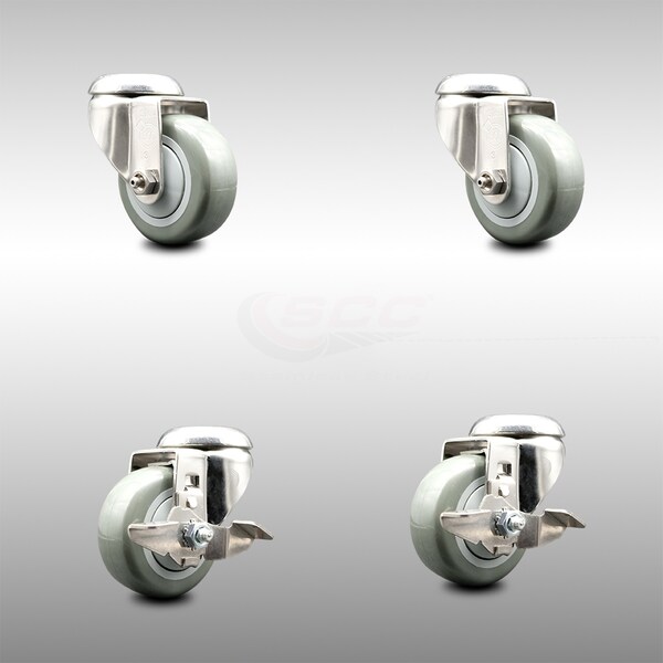 Service Caster 3 Inch 316SS Gray Polyurethane Wheel Swivel Bolt Hole Caster Brakes SCC, 2PK SCC-SS316BH20S314-PPUB-2-TLB-2 - main